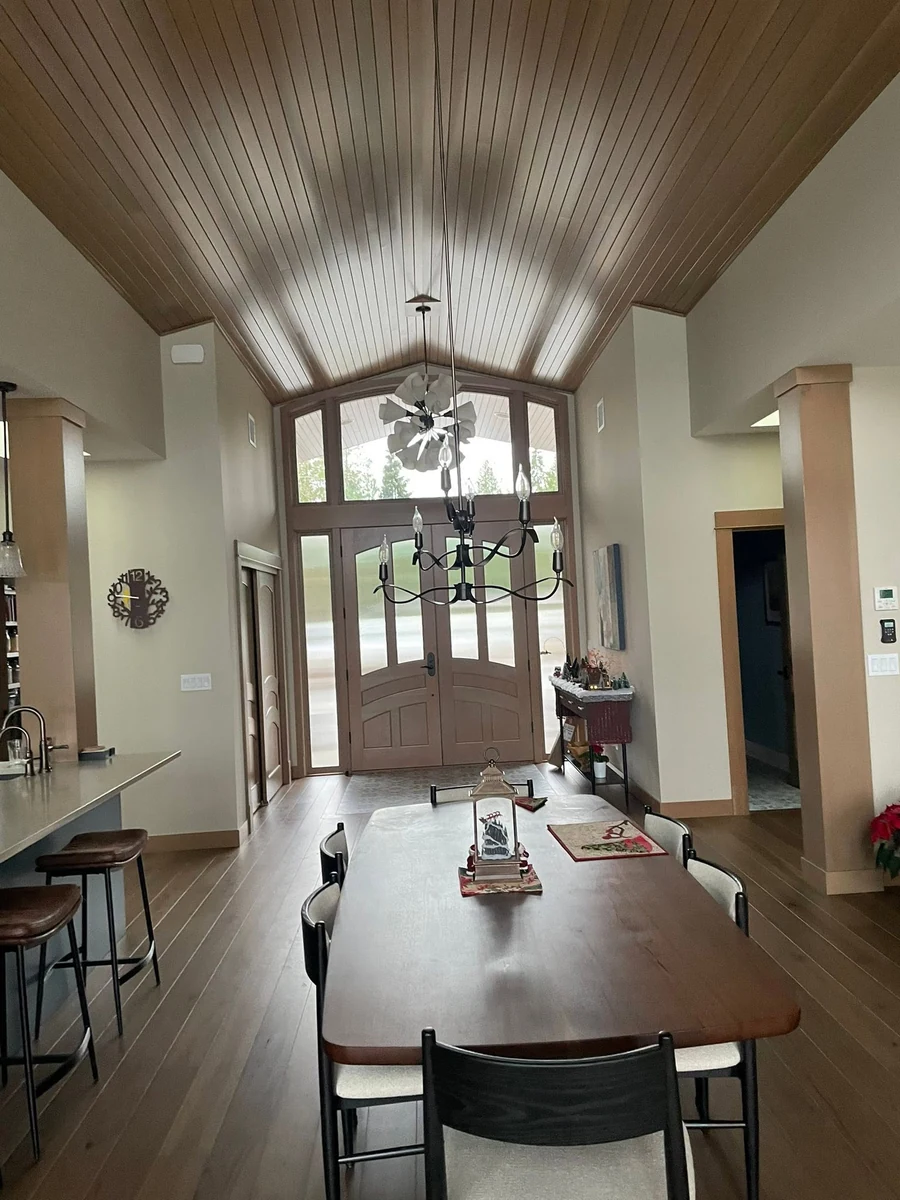 Vaulted entry and dining area with a wood ceiling in a completed home in Port Angeles, WA